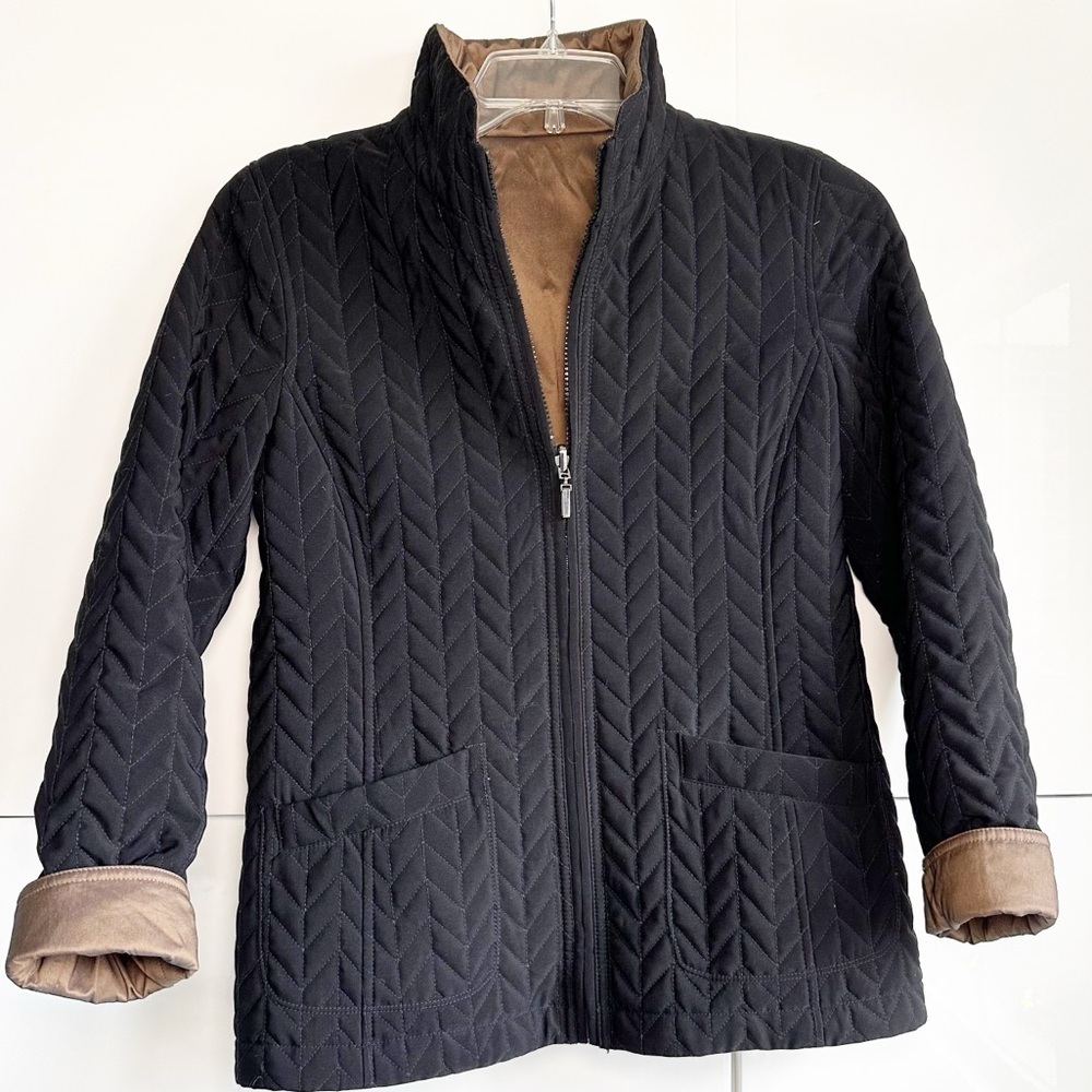 Gallery Petite Quilted Reversible Coat Jacket Black Brown Pockets Petite Medium